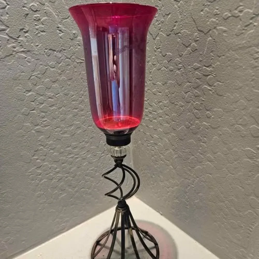 1990s Red Glass and Metal Decorative Candle Holder 20.5
